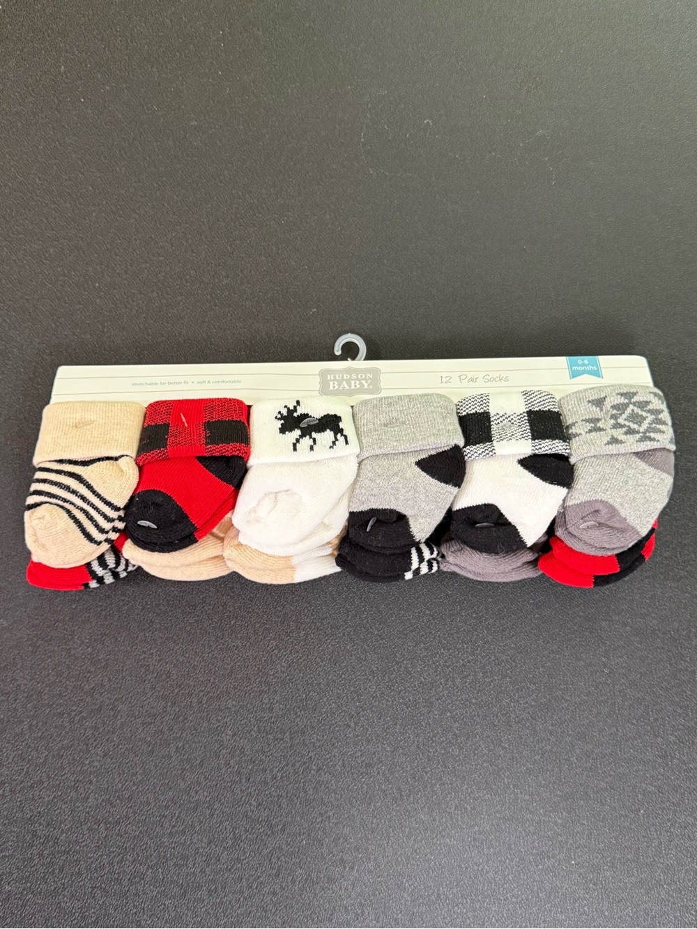 Hudson Baby Baby Socks 12-Pack - Red, Black, Gray, Tan 0-6m